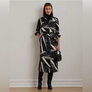 NWT Ralph Lauren Geo-Print Belted Sateen Silky Twill Shirtdress Black Cream 18